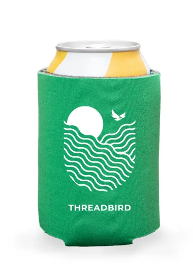 Green standard-fit can cooler with white Threadbird artwork around a beverage can