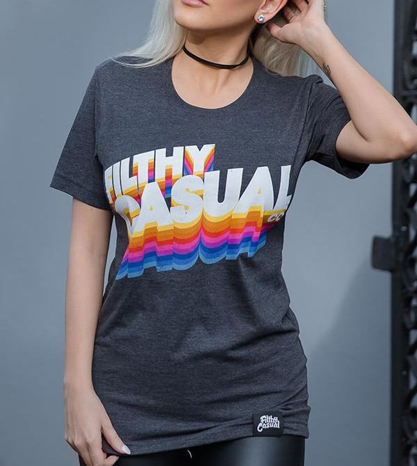 Womens grey t-shirt with colorful filthy casual logo