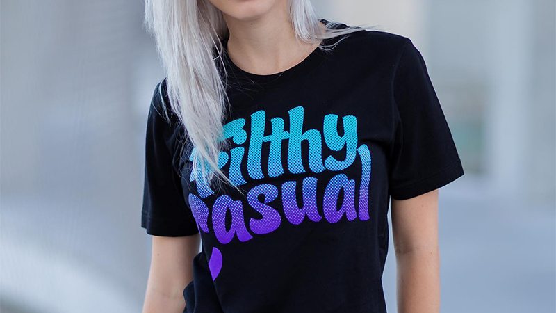 Blue and purple text 'Filthy Casual' on a black t-shirt 