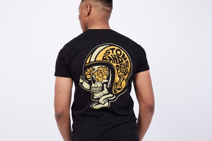 Back printing on black t-shirt, Pistons & Peonies printed on a skull wearing a motorcycle helmet