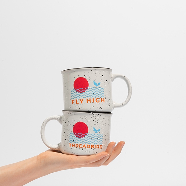 Ceramic custom camping mugs with 'Fly High Design'