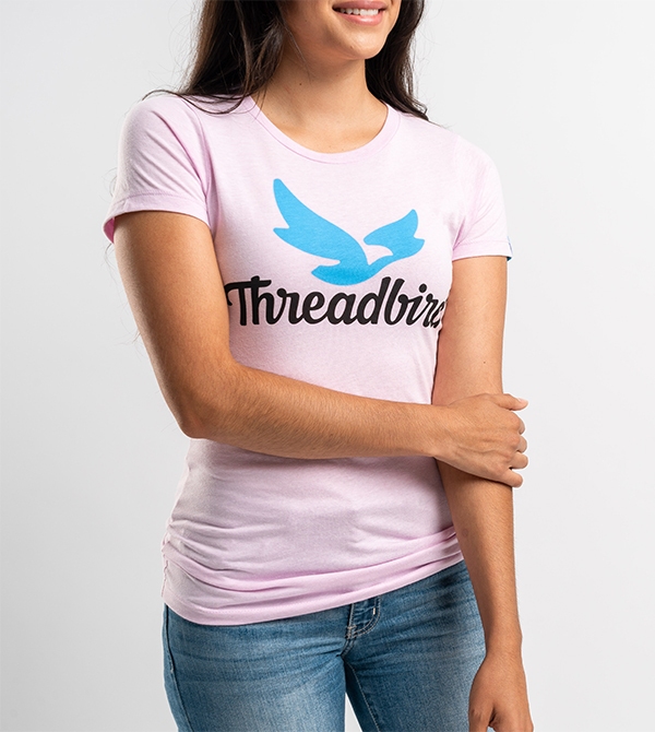 Pink screenprinted t-shirt with Threadbird branding